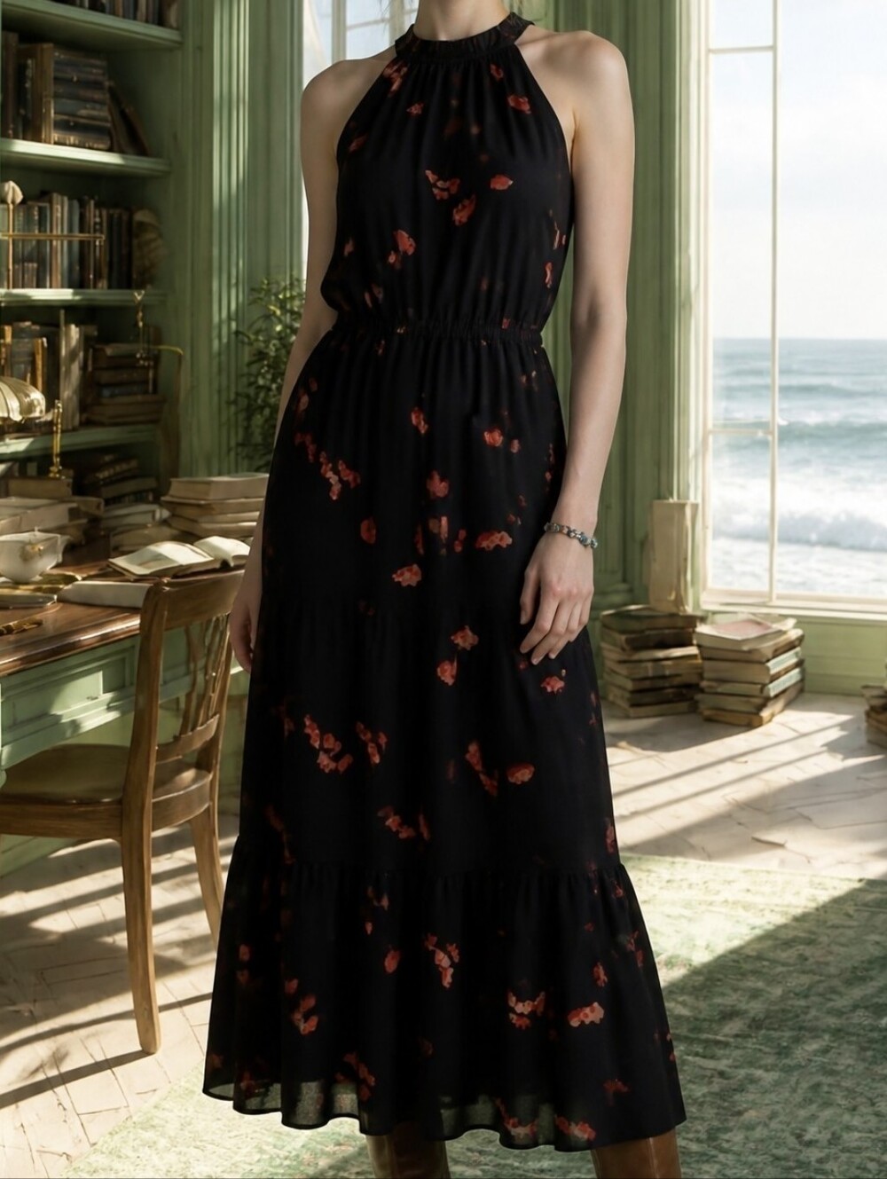 Wilfred Black Floral Halter Tiered Bohemian Maxi Dress w/ Smocked Waist